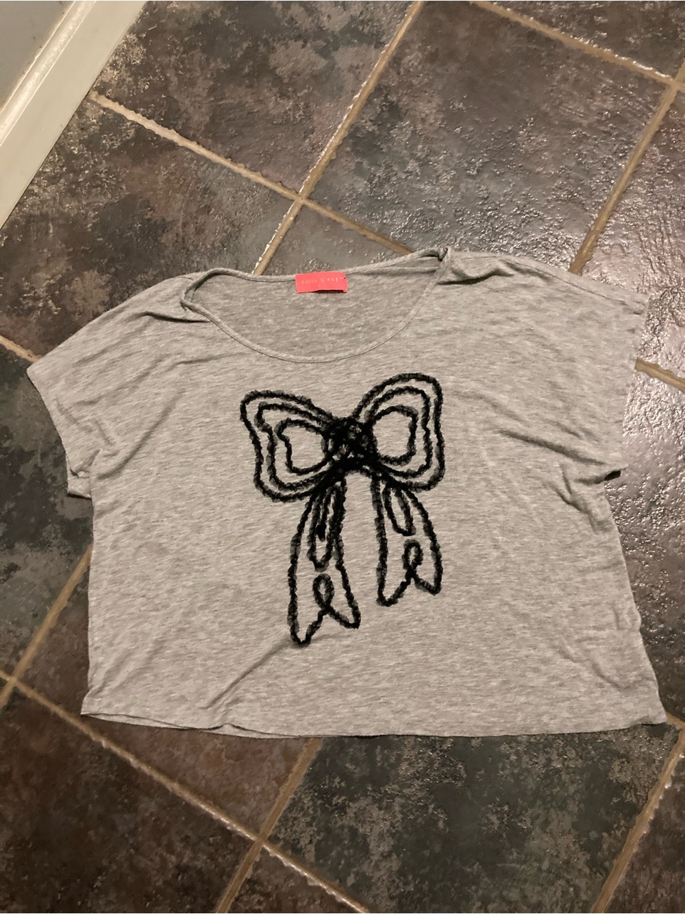 Gray Women's Short Sleeve Top with Black 3D Bow Detail Size L
